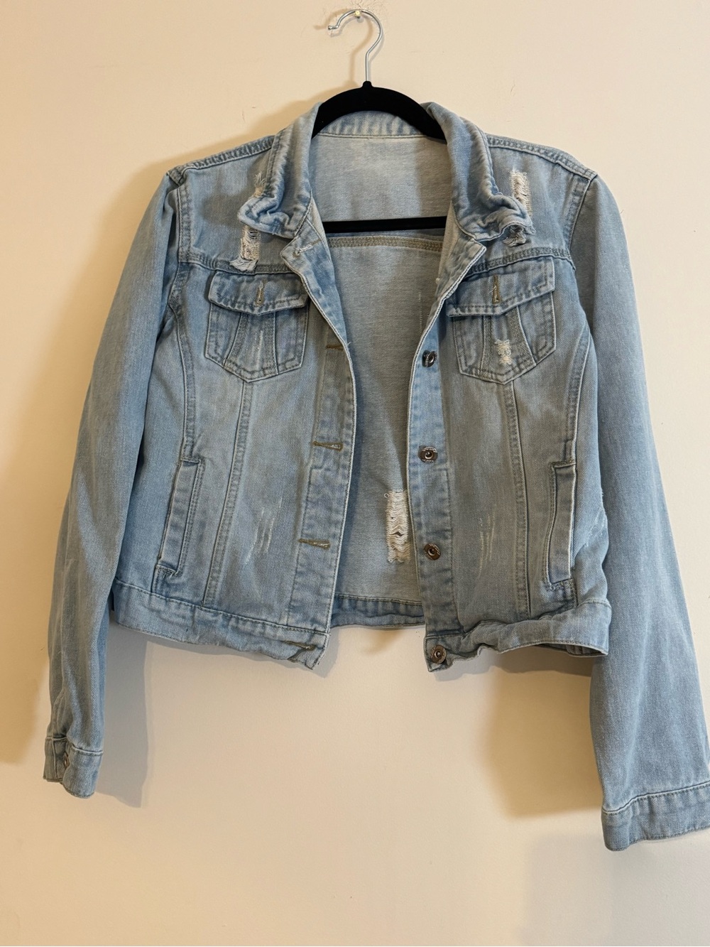Light Wash Distressed Denim Jacket - Women
